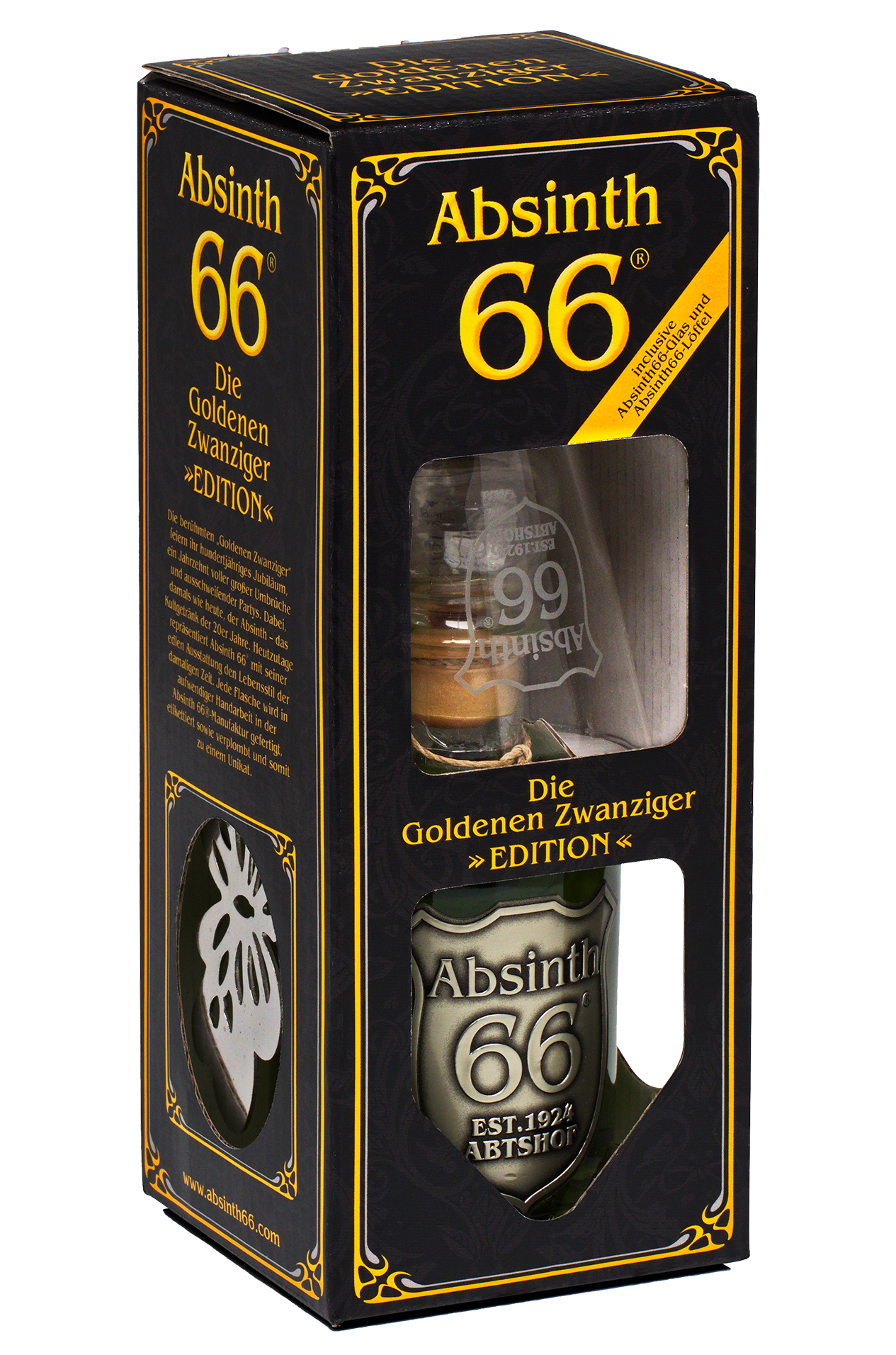 Absinth 66® Goldene Zwanziger Edition Set - 1x0,2L (66%vol.), 1xAbsinth Löffel, 1xAbsinth Glas