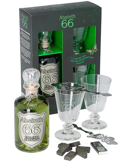 Absinth 66® Starterset - 1x0,5L(66%vol.) Spirituose, 2xGläser, 2xLöffel, 6xZuckerwürfel, 1xZündhölzer