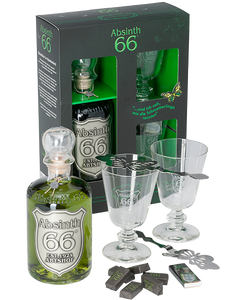 Absinth 66® Starterset - 1x0,5L(66%vol.) Spirituose, 2xGläser, 2xLöffel, 6xZuckerwürfel, 1xZündhölzer