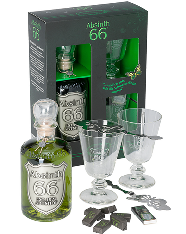 Absinth 66® Starterset - 1x0,5L(66%vol.) Spirituose, 2xGläser, 2xLöffel, 6xZuckerwürfel, 1xZündhölzer